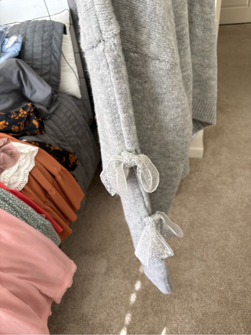 Cozy Grey Sweater Pants with Decorative Bows